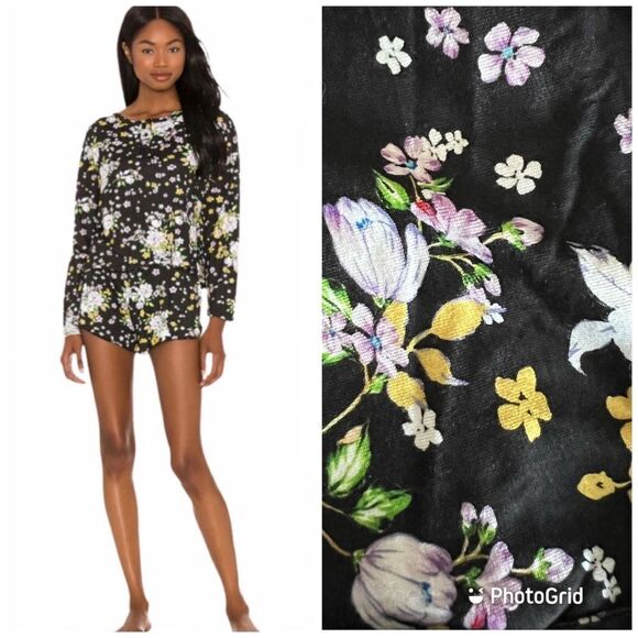 NWT PLUSH X Revolve Ultrasoft Black Multi Floral Pajamas - Picture 1 of 11